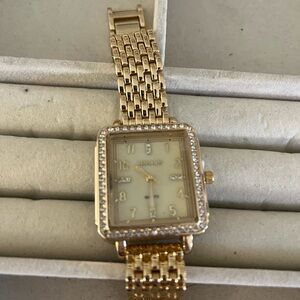 Gold Square-Faced Watch with Crystal Accents